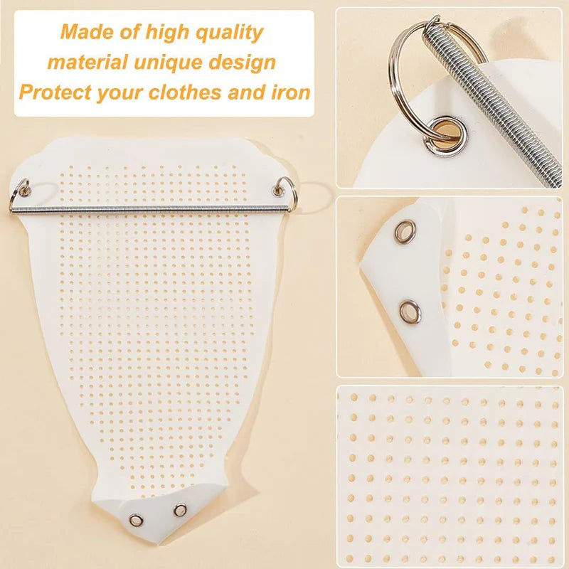 White ironing board cover with metal rod and pegs on a beige background