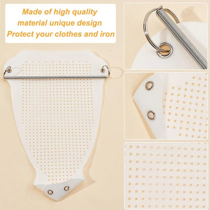 White ironing board cover with metal rod and pegs on a beige background